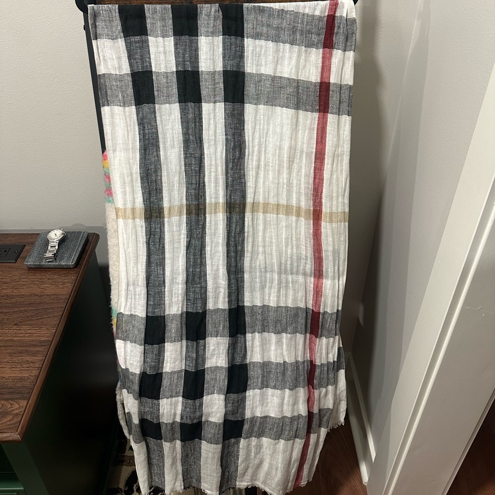 Burberry Nova Check Exploded Plaid Scarf in Black, White & Red Stripe